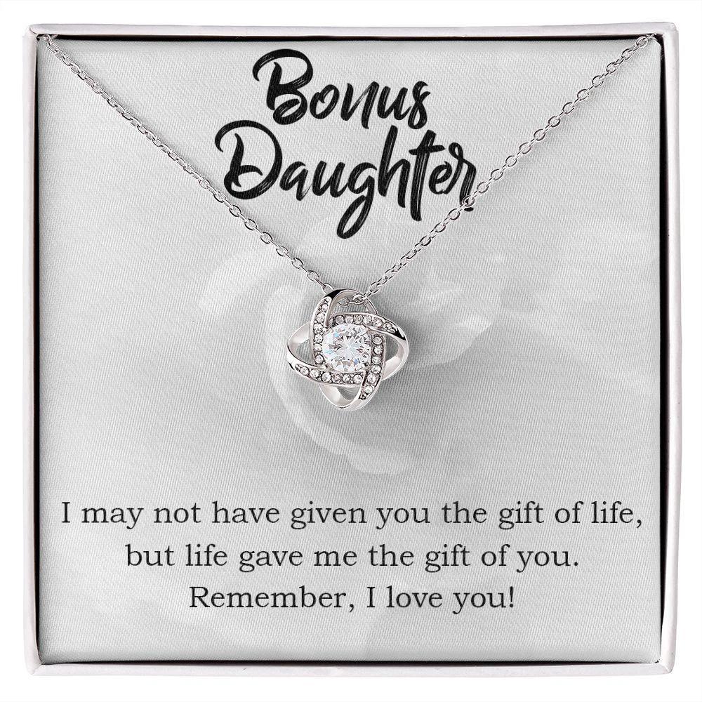 Gift for Bonus Daughter - Gift of Life - Love Knot Necklace Message Card Gift Box