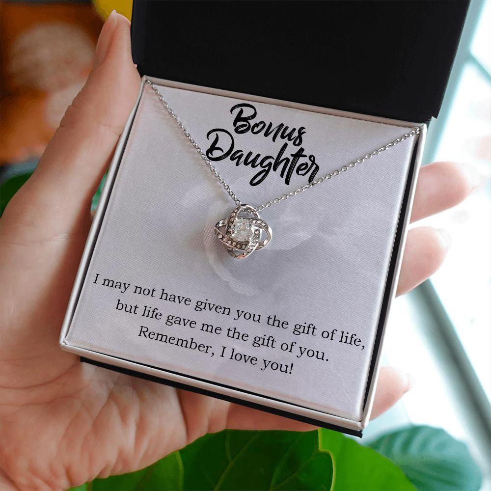 Gift for Bonus Daughter - Gift of Life - Love Knot Necklace Message Card Gift Box