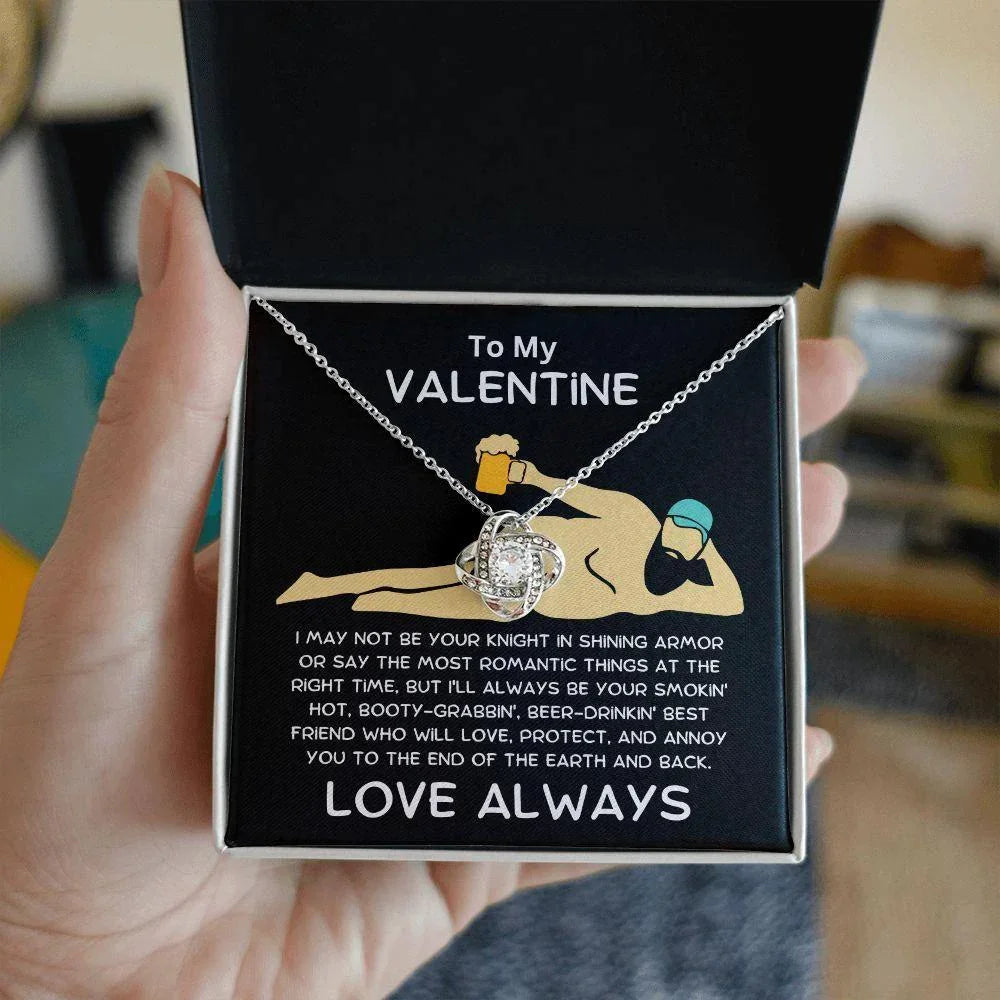 To My Valentine - Knight in Shining Armor - Love Knot Necklace with Funny Message Card and Gift Box