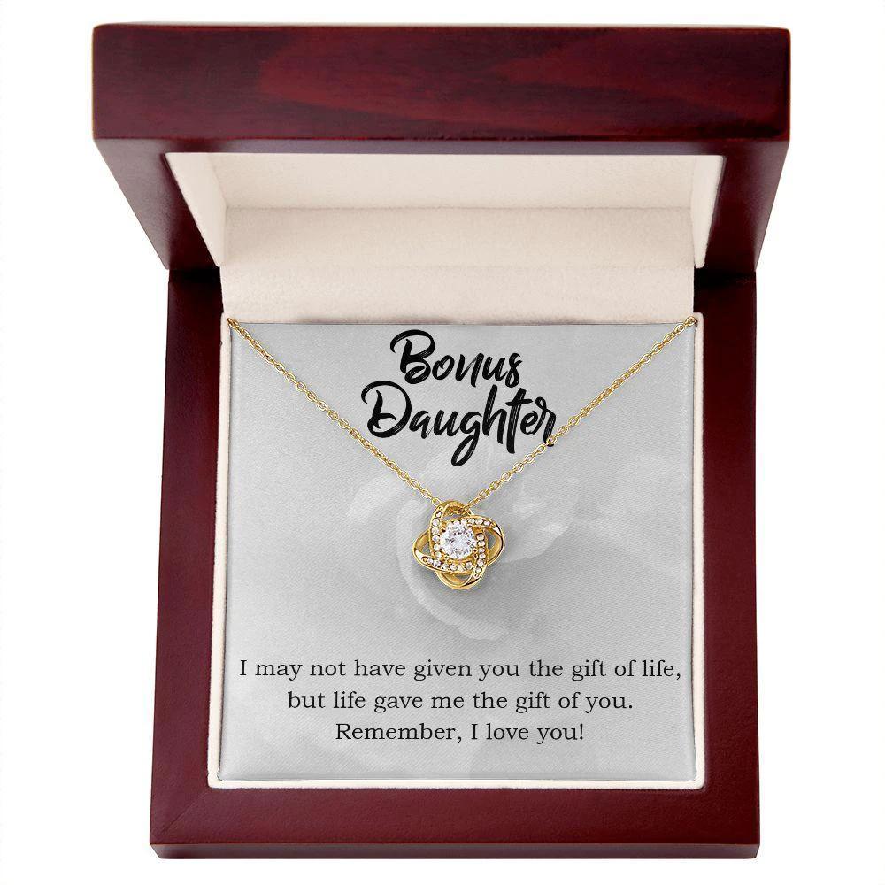 Gift for Bonus Daughter - Gift of Life - Love Knot Necklace Message Card Gift Box