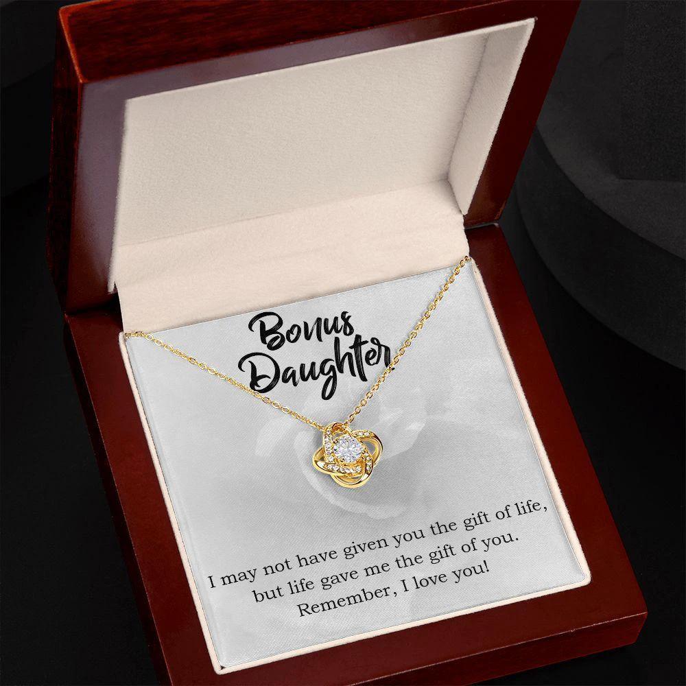 Gift for Bonus Daughter - Gift of Life - Love Knot Necklace Message Card Gift Box