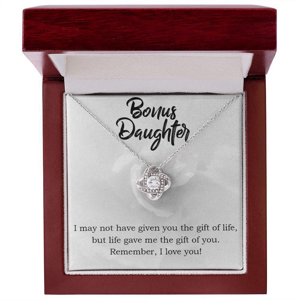 Gift for Bonus Daughter - Gift of Life - Love Knot Necklace Message Card Gift Box
