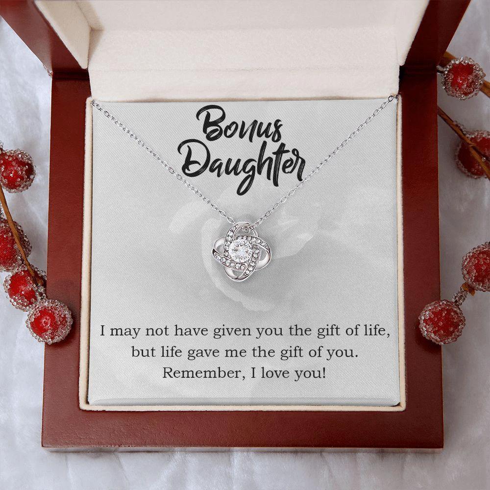 Gift for Bonus Daughter - Gift of Life - Love Knot Necklace Message Card Gift Box