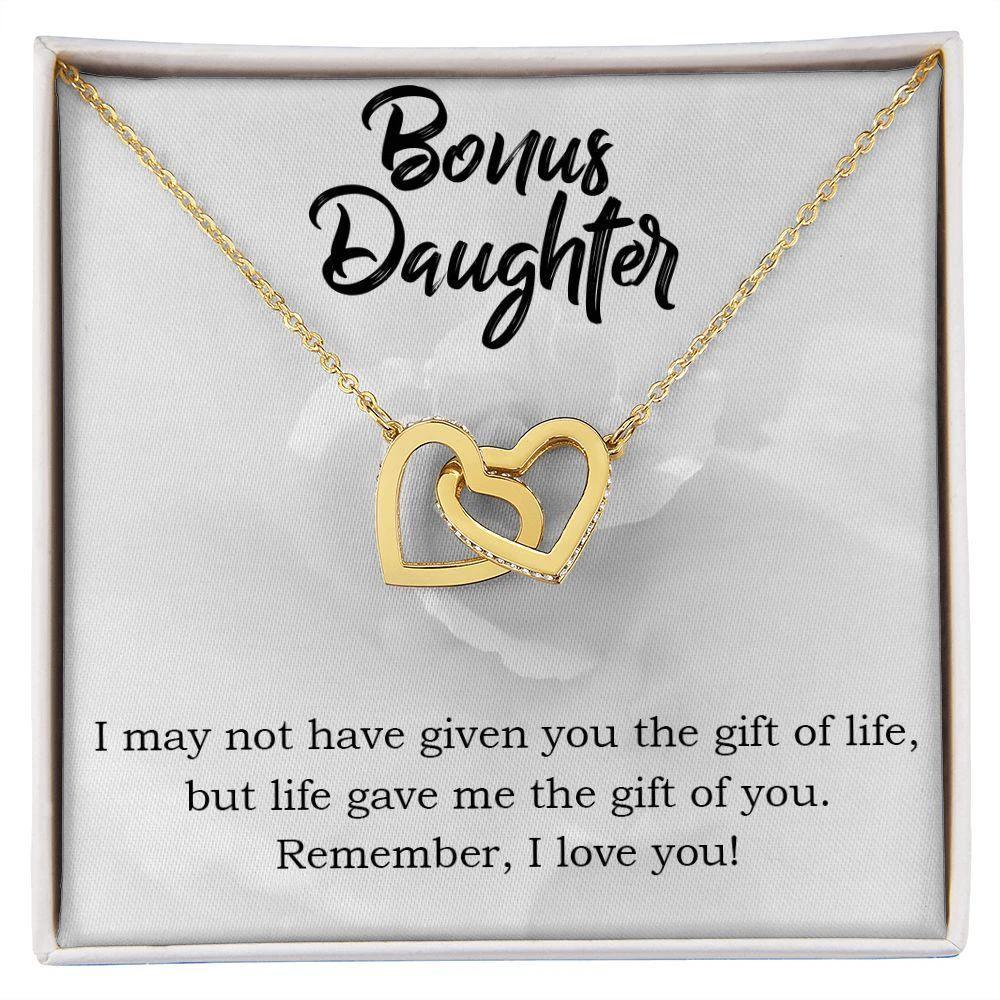 Gift for Bonus Daughter - Gift of Life - Interlocking Hearts Necklace Message Card Gift Box