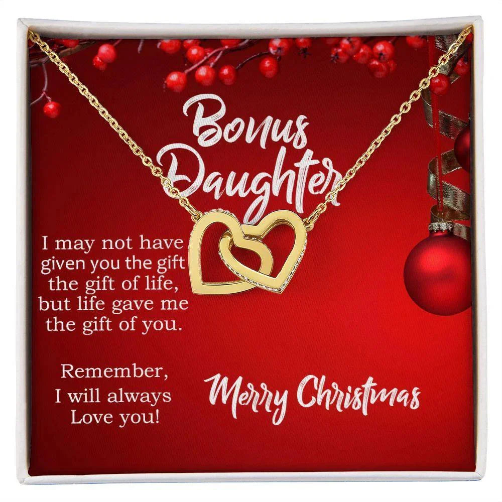 Christmas Gift for Bonus Daughter - Gift of Life - Interlocking Hearts Necklace with Message Card Gift Box
