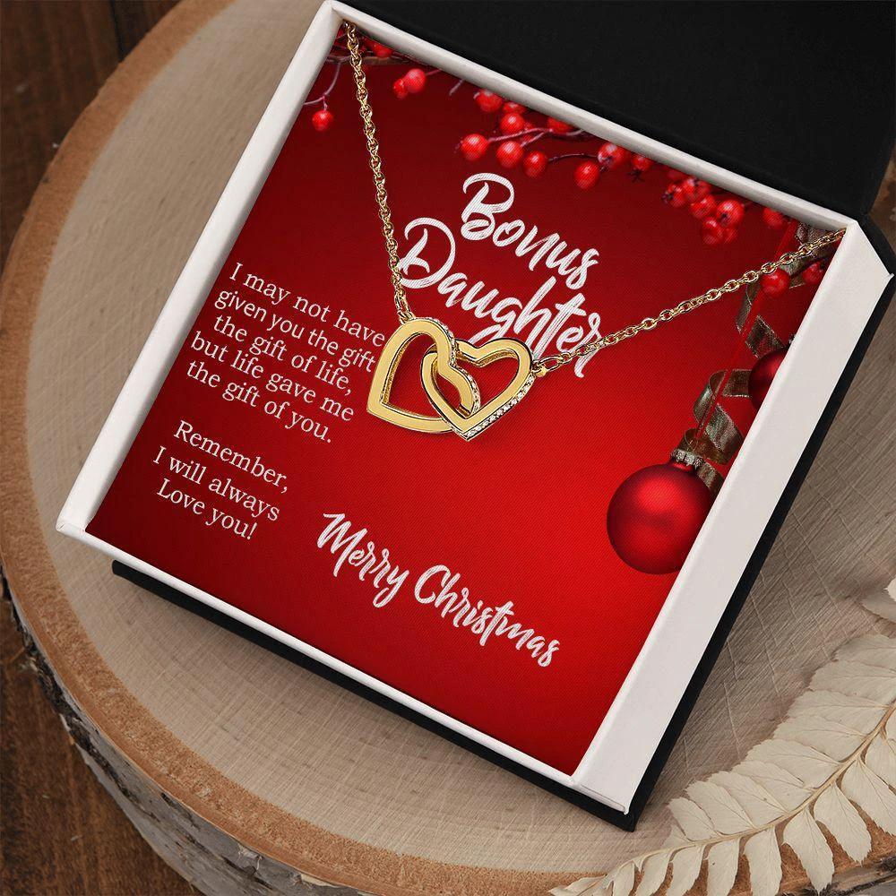 Christmas Gift for Bonus Daughter - Gift of Life - Interlocking Hearts Necklace with Message Card Gift Box