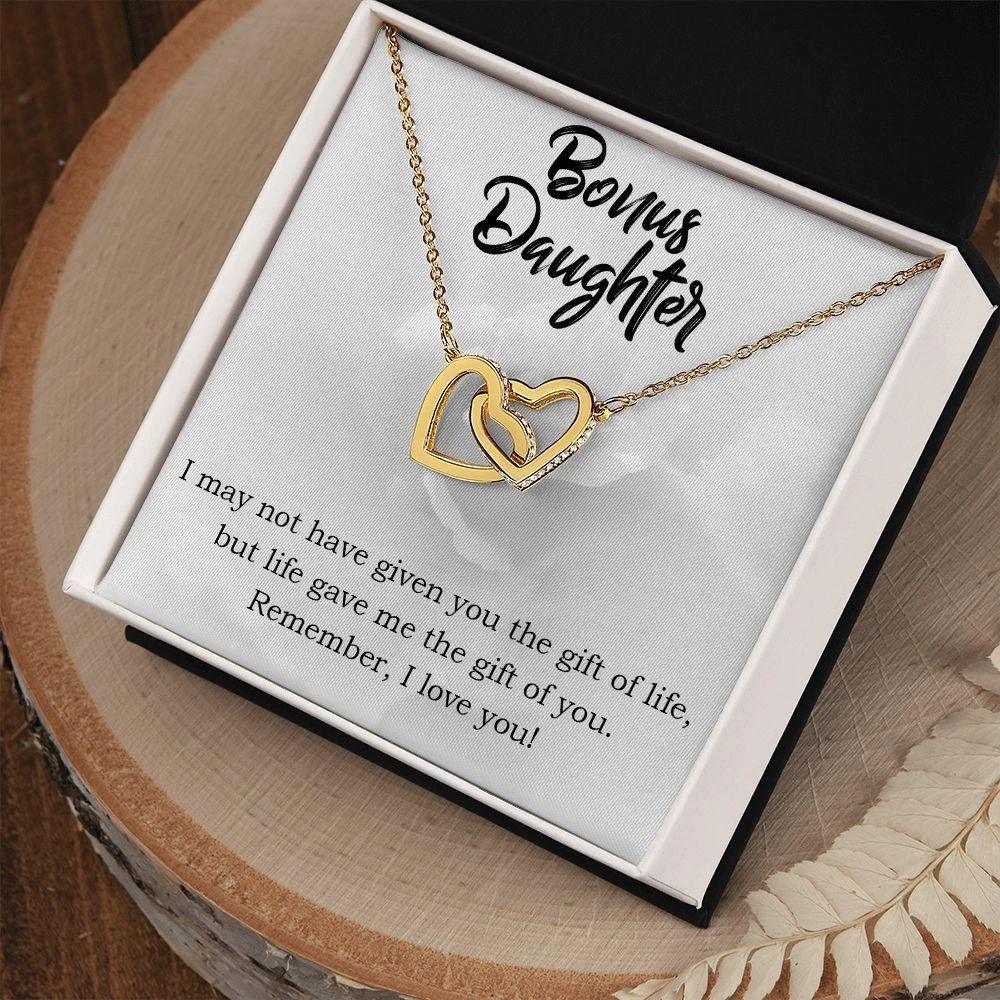 Gift for Bonus Daughter - Gift of Life - Interlocking Hearts Necklace Message Card Gift Box