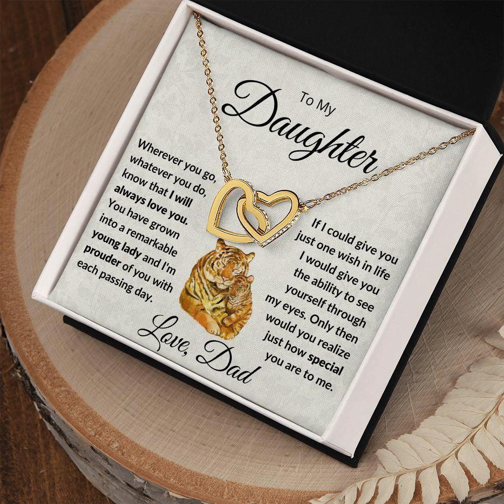To My Daughter - Give You One Wish - Interlocking Hearts Necklace with Tiger Message Card Gift Box