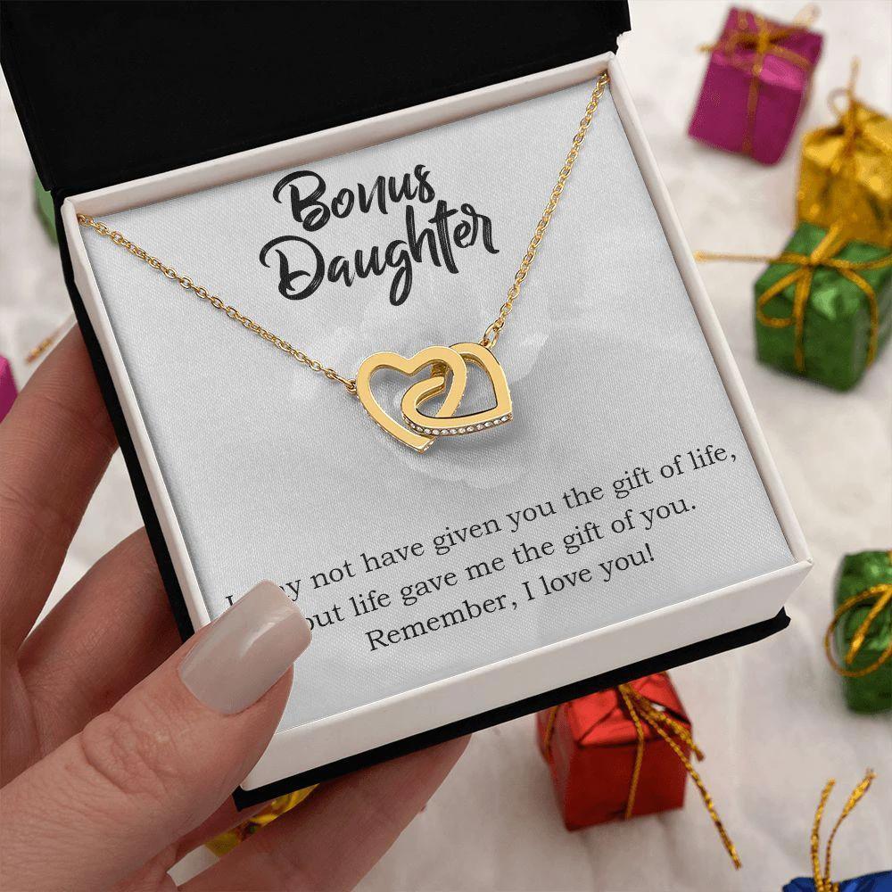 Gift for Bonus Daughter - Gift of Life - Interlocking Hearts Necklace Message Card Gift Box