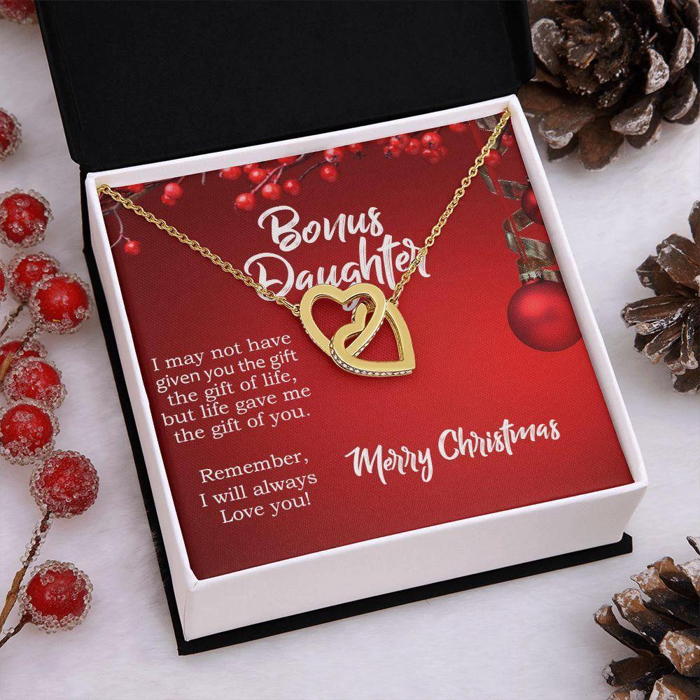 Christmas Gift for Bonus Daughter - Gift of Life - Interlocking Hearts Necklace with Message Card Gift Box