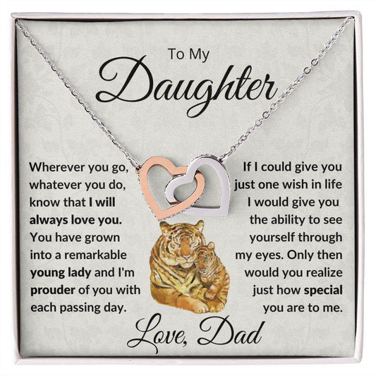 To My Daughter - Give You One Wish - Interlocking Hearts Necklace with Tiger Message Card Gift Box - Mallard Moon Gift Shop