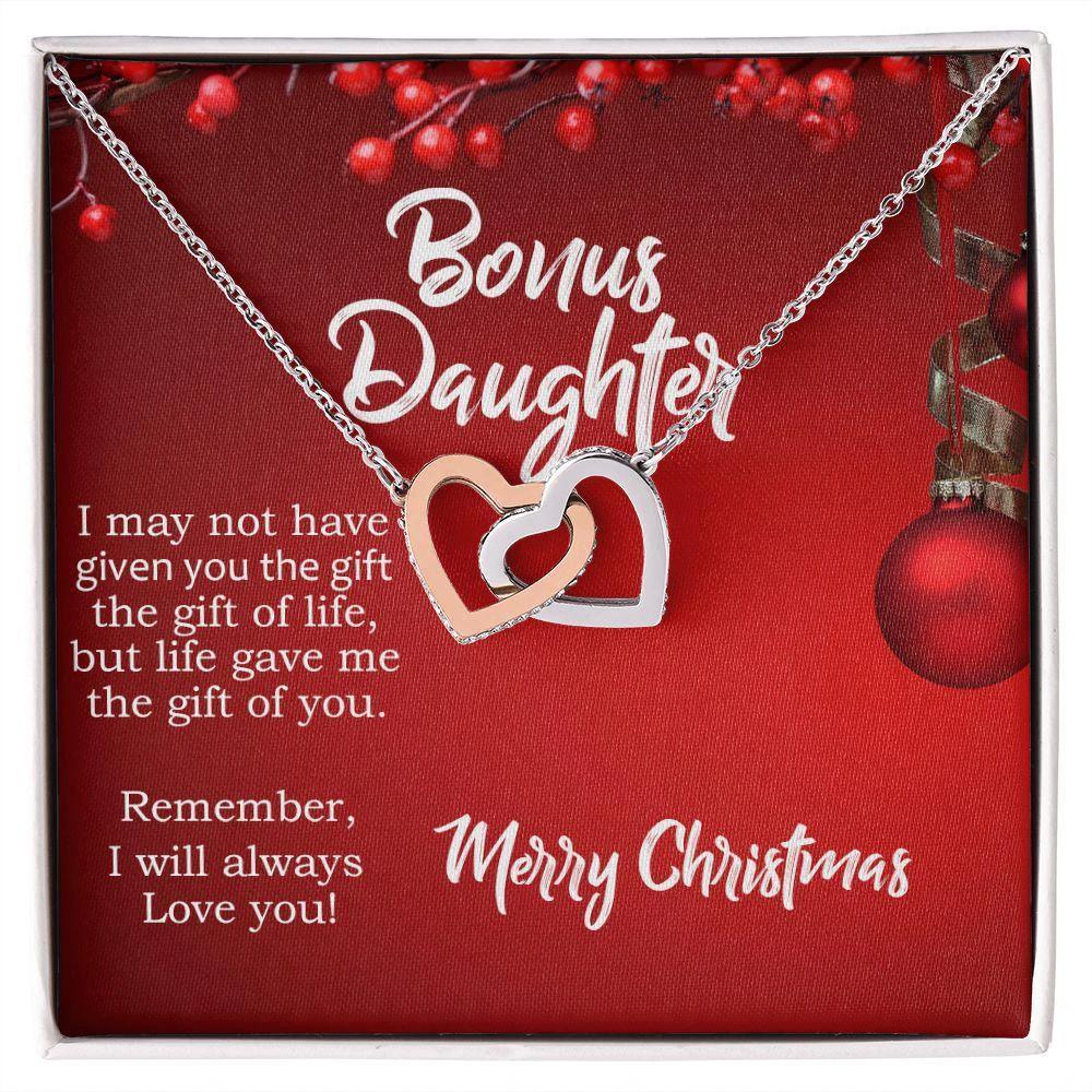 Christmas Gift for Bonus Daughter - Gift of Life - Interlocking Hearts Necklace with Message Card Gift Box