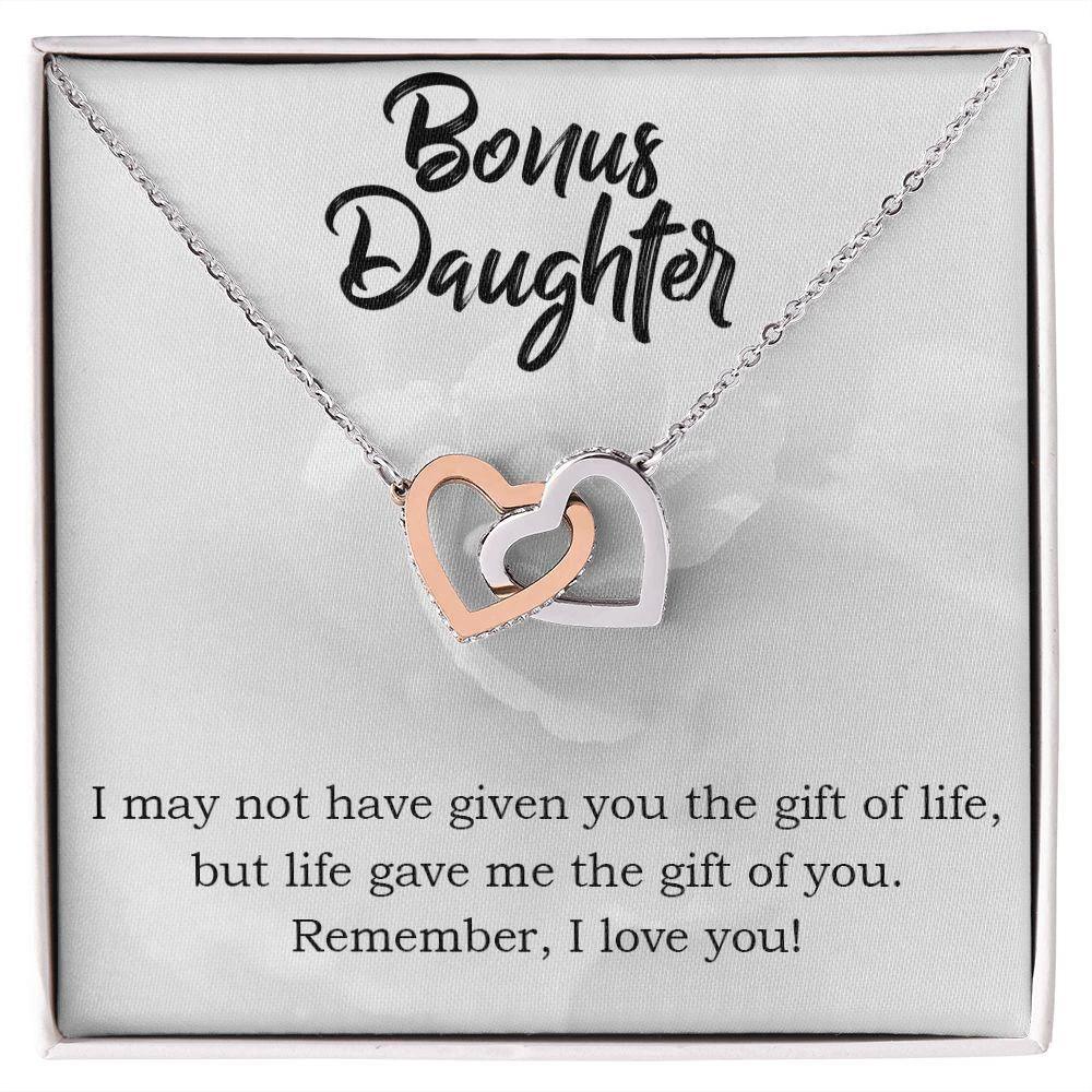 Gift for Bonus Daughter - Gift of Life - Interlocking Hearts Necklace Message Card Gift Box