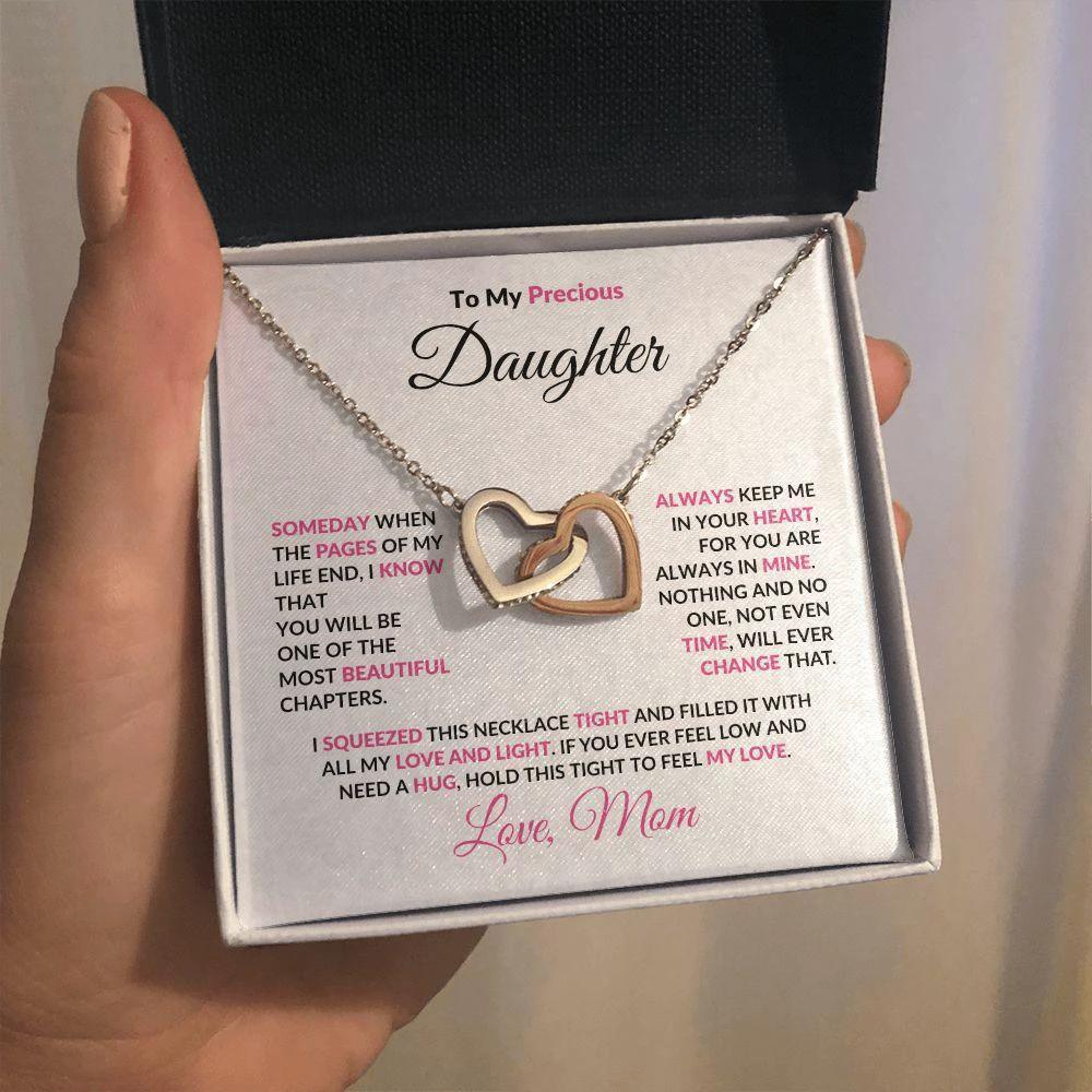 To My Precious Daughter Interlocking Hearts Pendant Necklace with Message Card