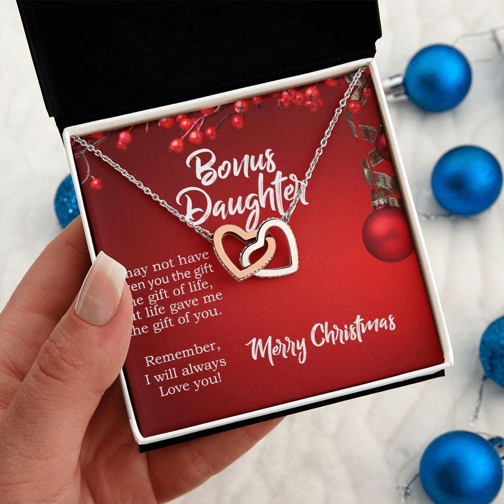 Christmas Gift for Bonus Daughter - Gift of Life - Interlocking Hearts Necklace with Message Card Gift Box