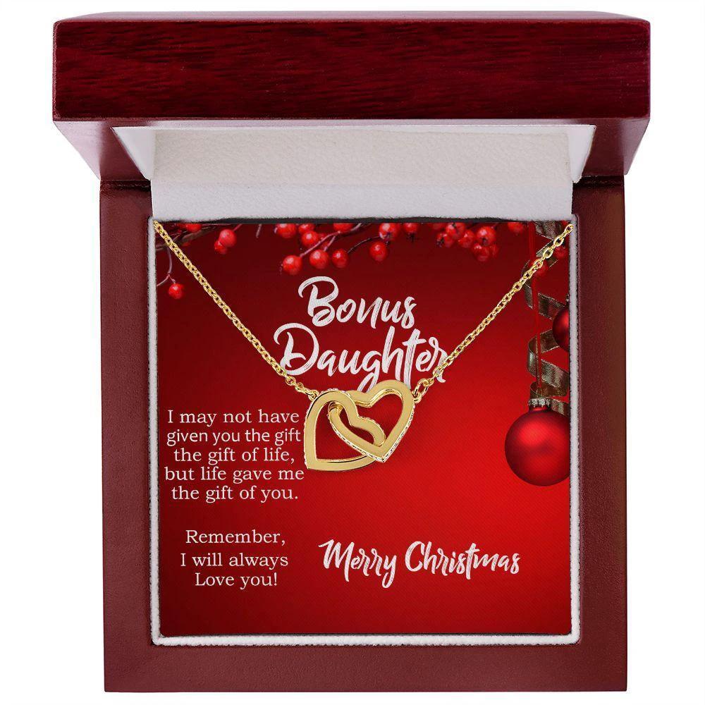 Christmas Gift for Bonus Daughter - Gift of Life - Interlocking Hearts Necklace with Message Card Gift Box