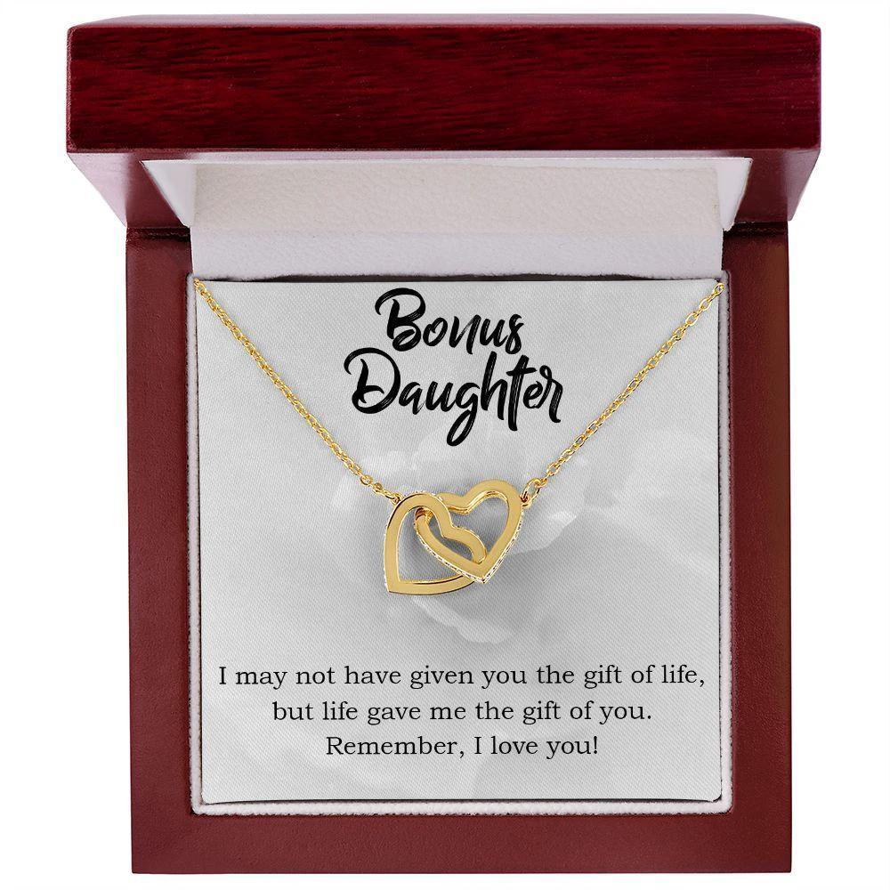 Gift for Bonus Daughter - Gift of Life - Interlocking Hearts Necklace Message Card Gift Box