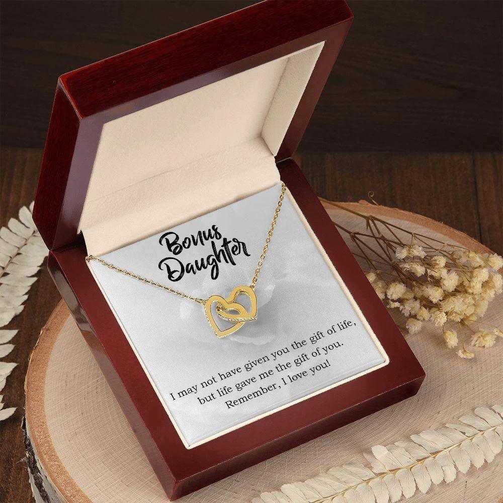 Gift for Bonus Daughter - Gift of Life - Interlocking Hearts Necklace Message Card Gift Box