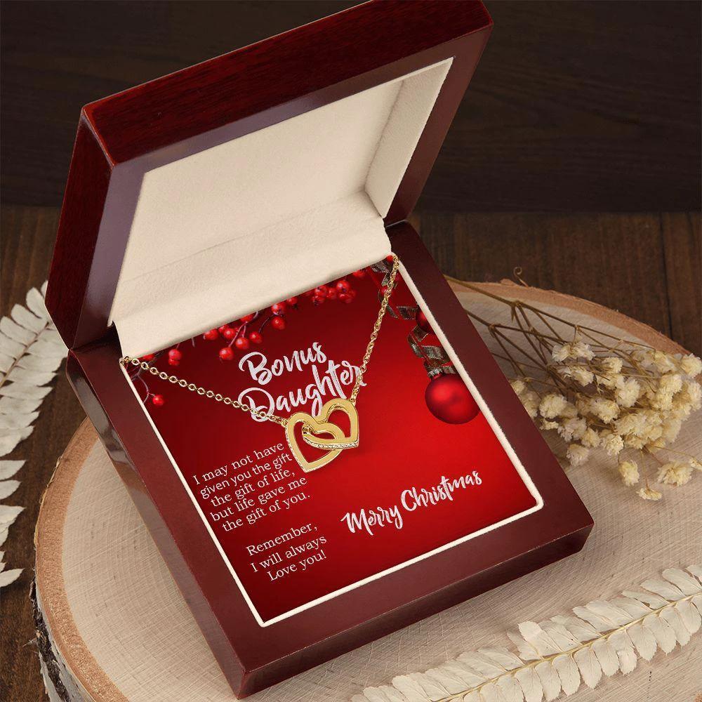 Christmas Gift for Bonus Daughter - Gift of Life - Interlocking Hearts Necklace with Message Card Gift Box