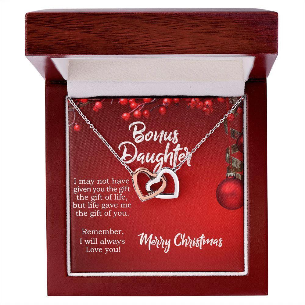 Christmas Gift for Bonus Daughter - Gift of Life - Interlocking Hearts Necklace with Message Card Gift Box