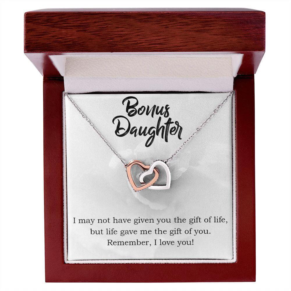 Gift for Bonus Daughter - Gift of Life - Interlocking Hearts Necklace Message Card Gift Box
