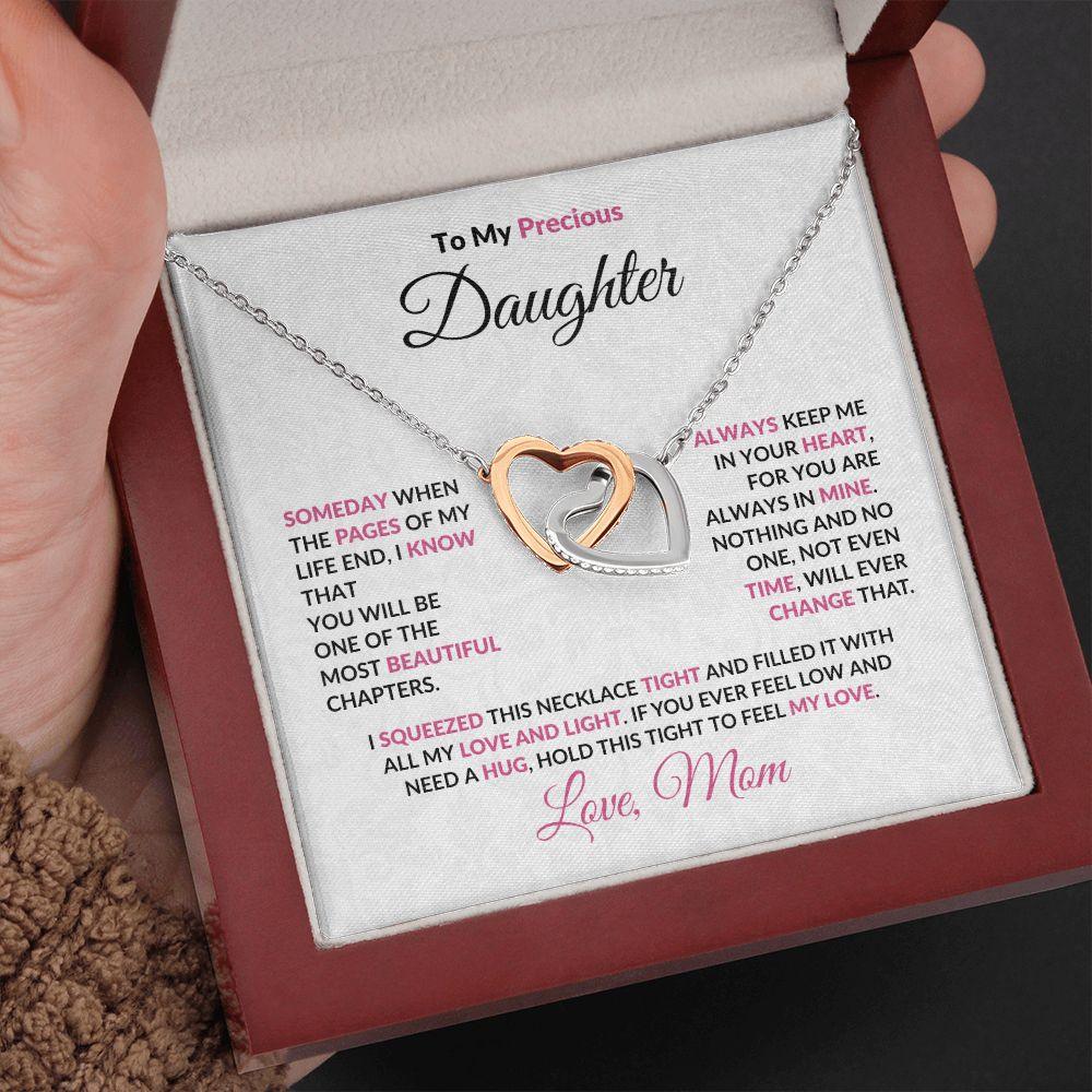 To My Precious Daughter Interlocking Hearts Pendant Necklace with Message Card - Mallard Moon Gift Shop