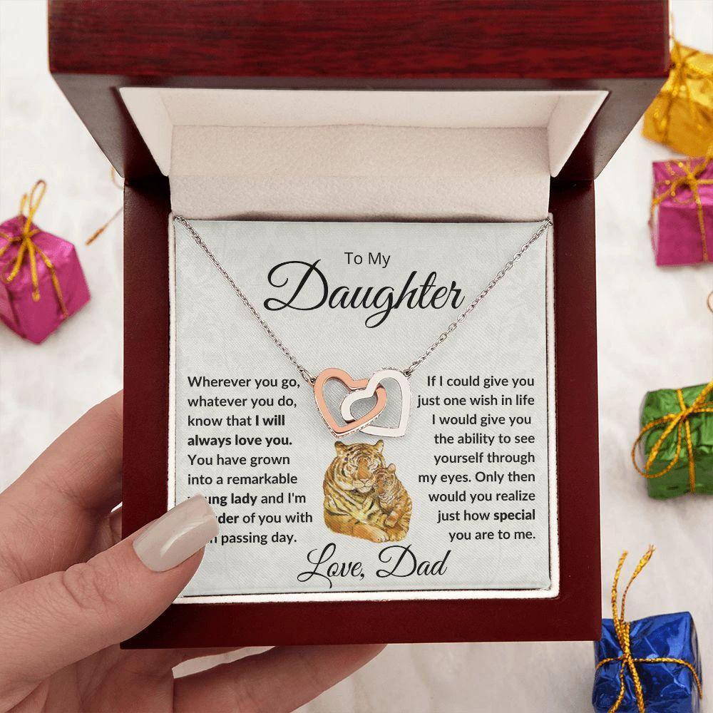 To My Daughter - Give You One Wish - Interlocking Hearts Necklace with Tiger Message Card Gift Box