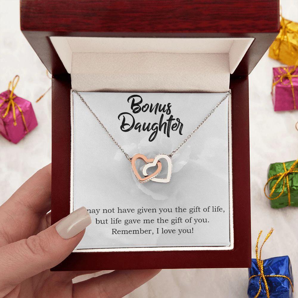 Gift for Bonus Daughter - Gift of Life - Interlocking Hearts Necklace Message Card Gift Box
