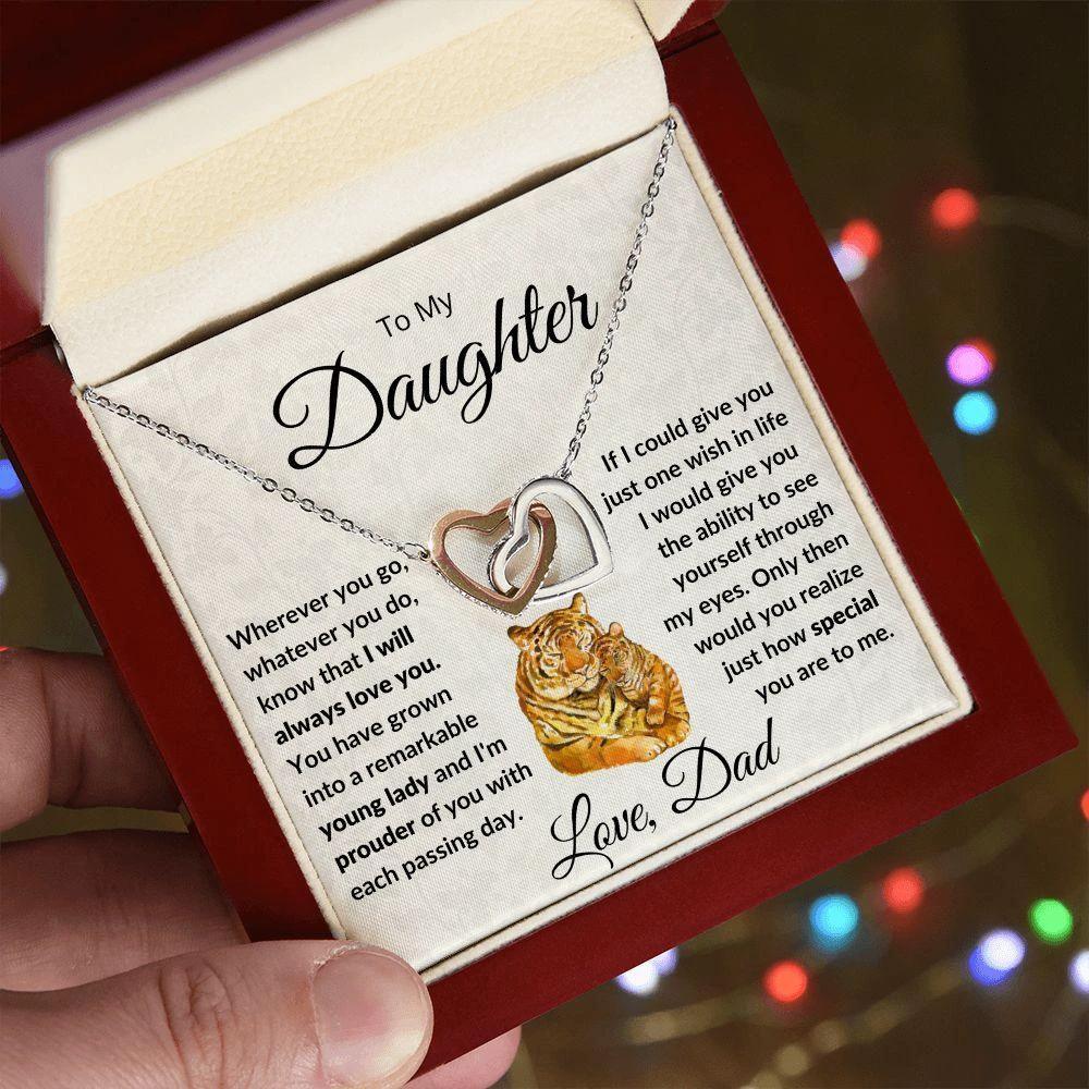 To My Daughter - Give You One Wish - Interlocking Hearts Necklace with Tiger Message Card Gift Box