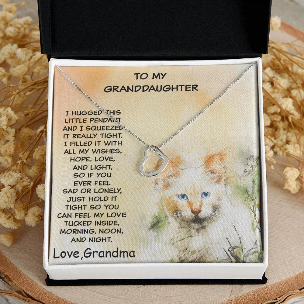 Granddaughter Heart Pendant Necklace Love Grandma Kitten Message Card Gift Box