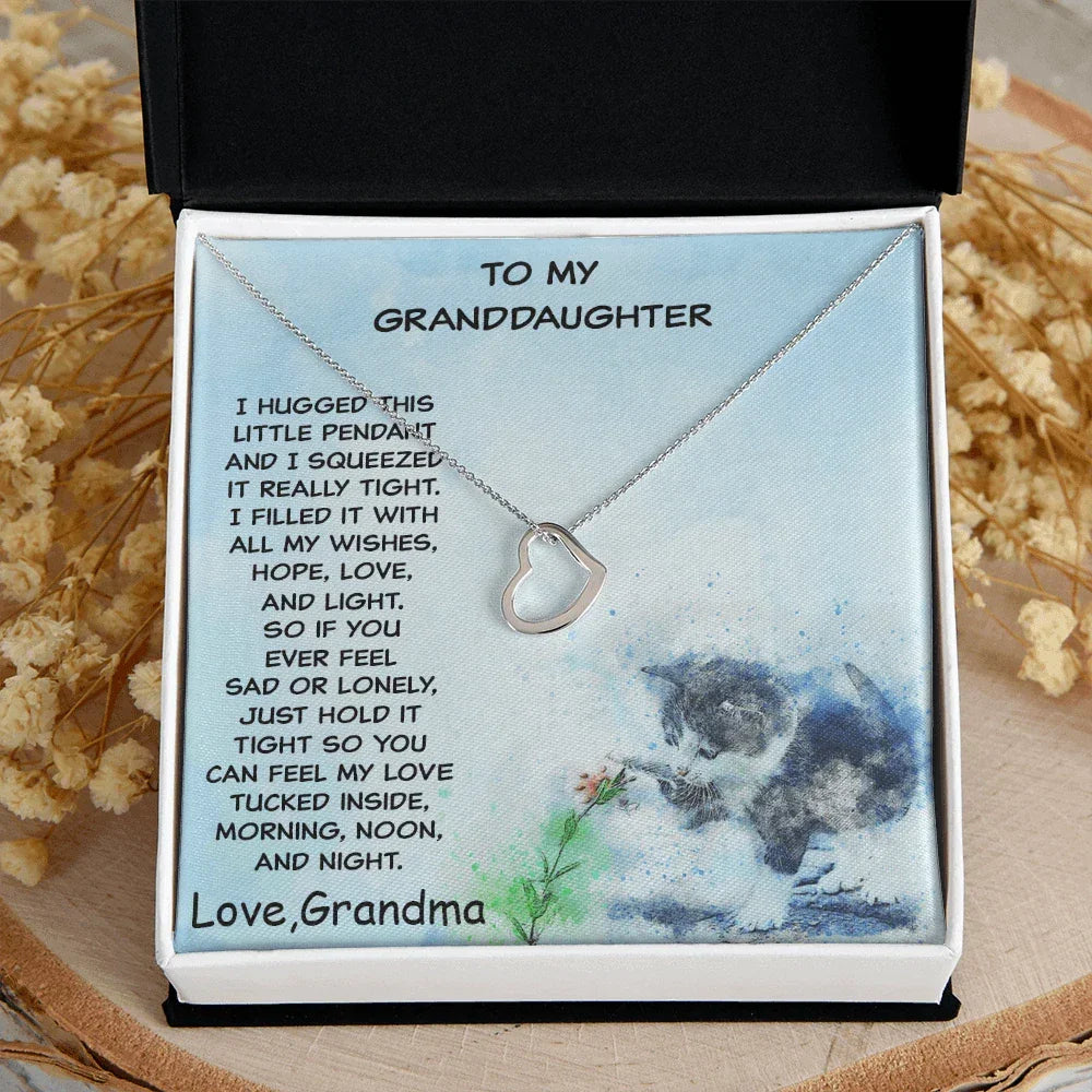 Granddaughter Heart Pendant Necklace Love Grandma with Playful Kitten Message Card