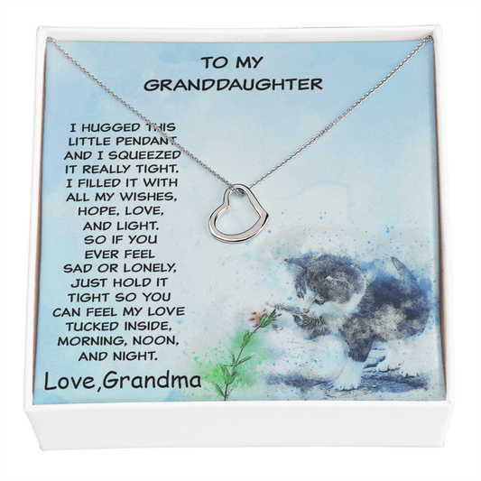 Granddaughter Heart Pendant Necklace Love Grandma with Playful Kitten Message Card - Mallard Moon Gift Shop