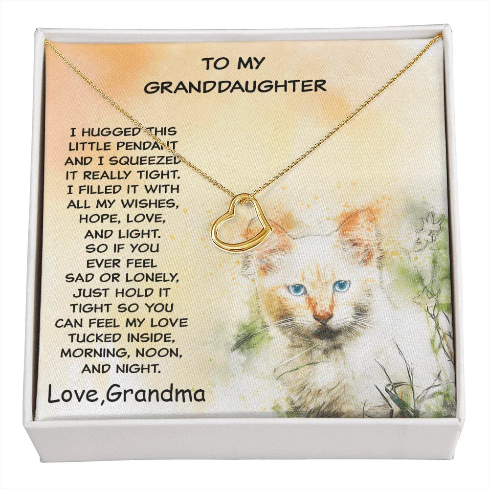 Granddaughter Heart Pendant Necklace Love Grandma Kitten Message Card Gift Box