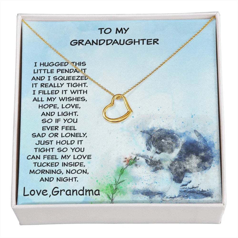 Granddaughter Heart Pendant Necklace Love Grandma with Playful Kitten Message Card