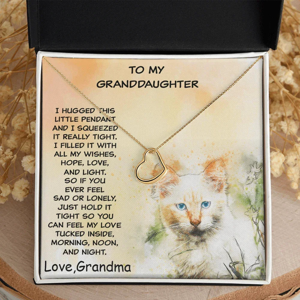 Granddaughter Heart Pendant Necklace Love Grandma Kitten Message Card Gift Box