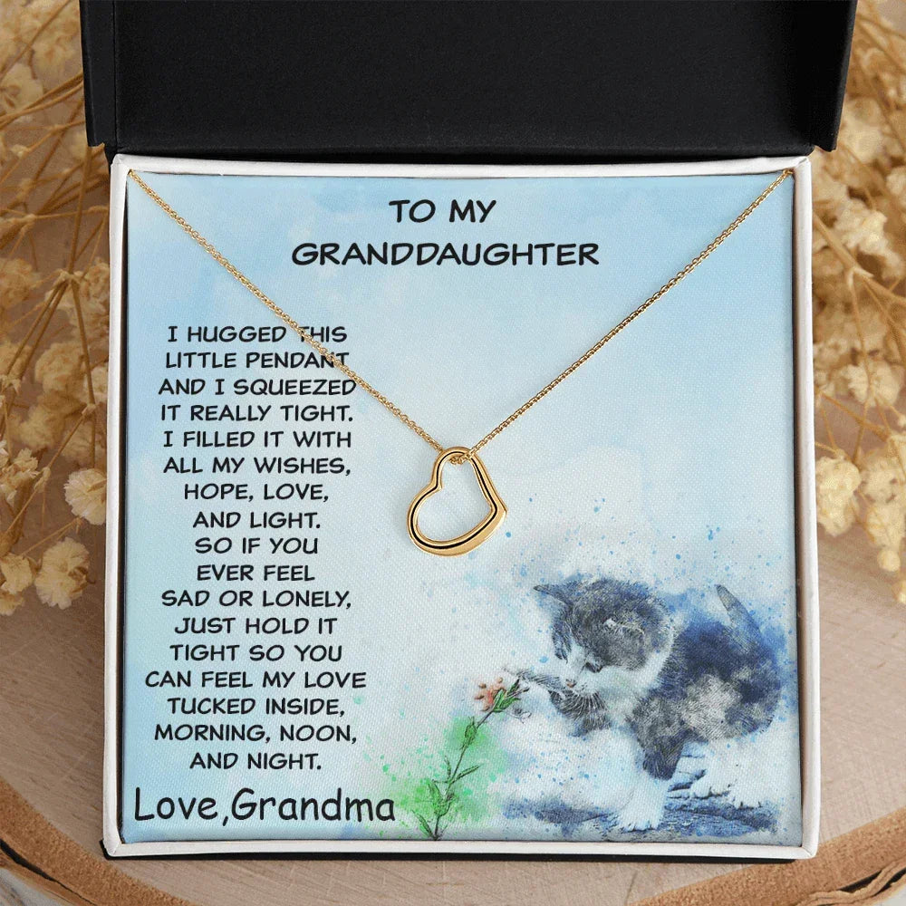 Granddaughter Heart Pendant Necklace Love Grandma with Playful Kitten Message Card