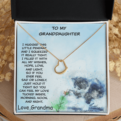 Granddaughter Heart Pendant Necklace Love Grandma with Playful Kitten Message Card - Mallard Moon Gift Shop