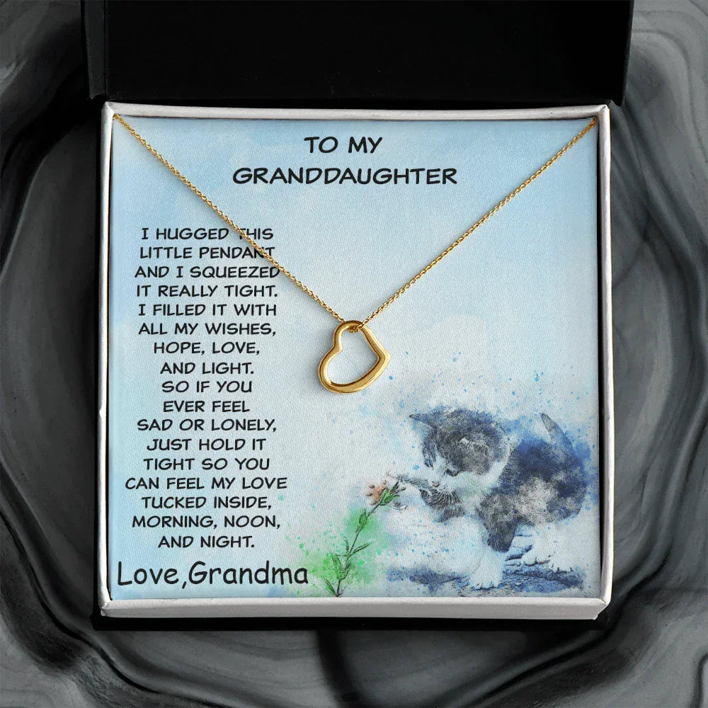Granddaughter Heart Pendant Necklace Love Grandma with Playful Kitten Message Card
