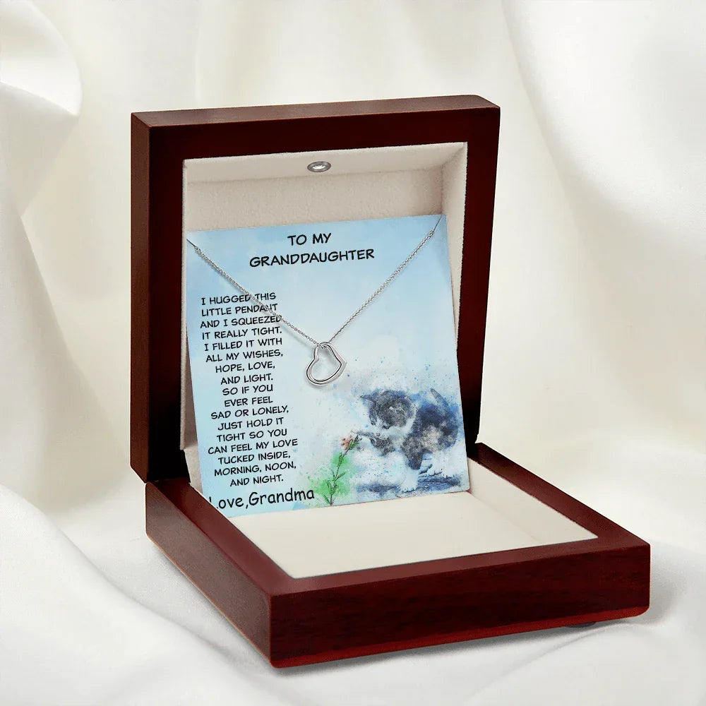 Granddaughter Heart Pendant Necklace Love Grandma with Playful Kitten Message Card