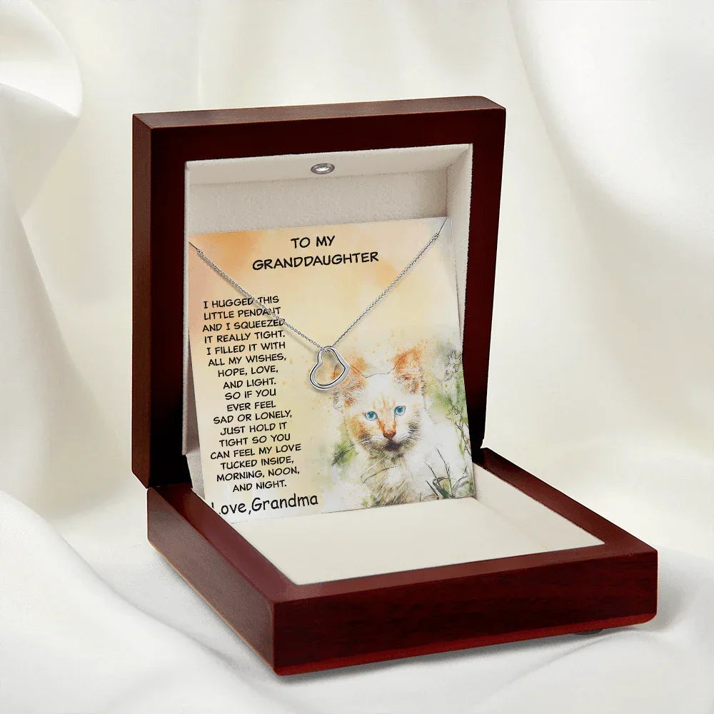 Granddaughter Heart Pendant Necklace Love Grandma Kitten Message Card Gift Box