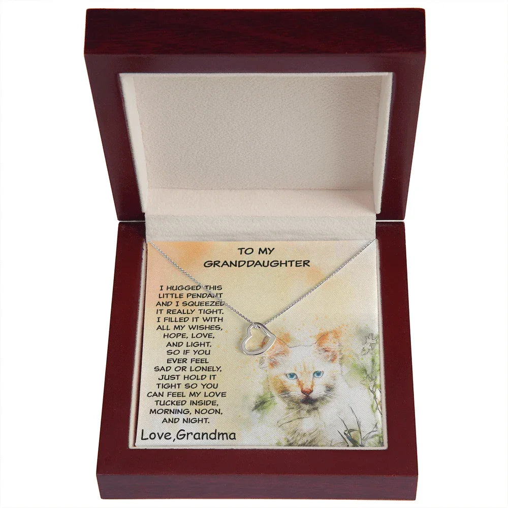 Granddaughter Heart Pendant Necklace Love Grandma Kitten Message Card Gift Box