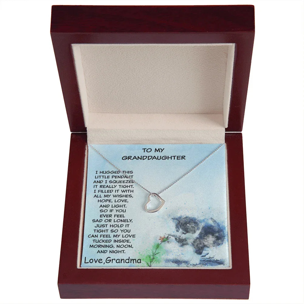 Granddaughter Heart Pendant Necklace Love Grandma with Playful Kitten Message Card