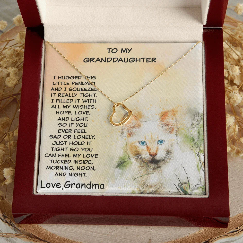 Granddaughter Heart Pendant Necklace Love Grandma Kitten Message Card Gift Box