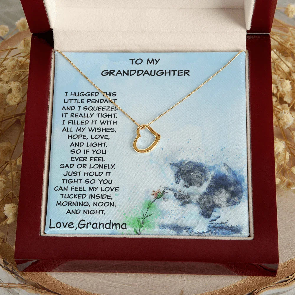 Granddaughter Heart Pendant Necklace Love Grandma with Playful Kitten Message Card