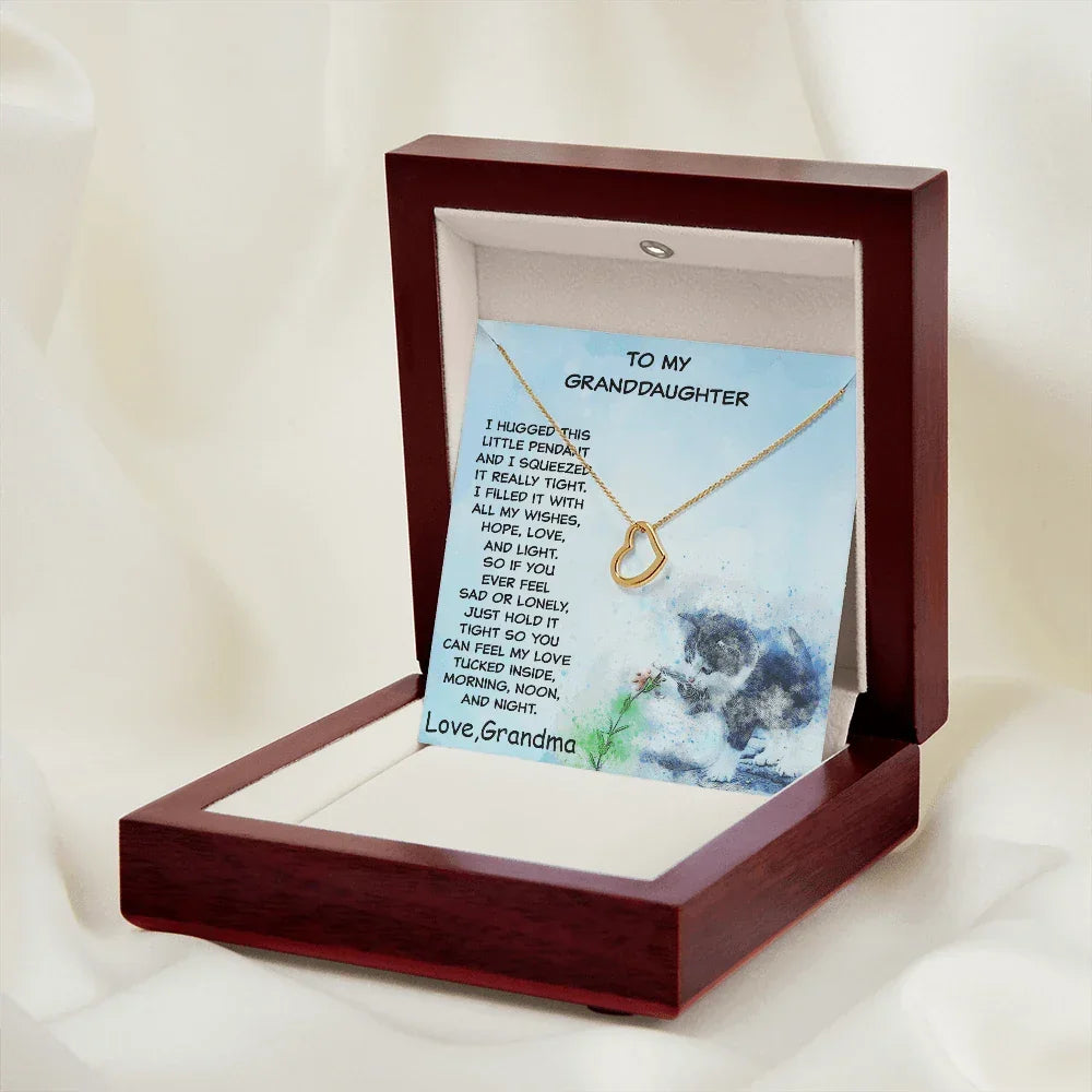 Granddaughter Heart Pendant Necklace Love Grandma with Playful Kitten Message Card
