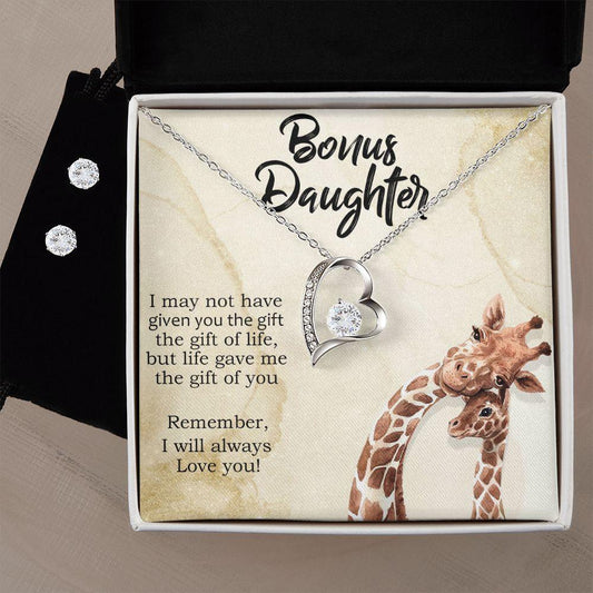 To My Bonus Daughter Forever Love Heart Pendant Necklace and Earring Set - Mallard Moon Gift Shop