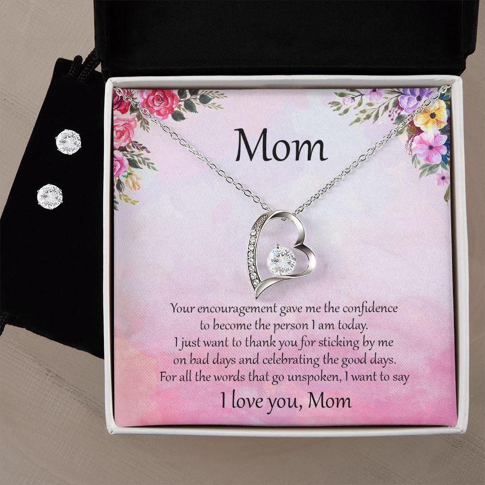 Gift for Mom Unspoken Words Forever Love Heart Pendant Necklace and Earring Set