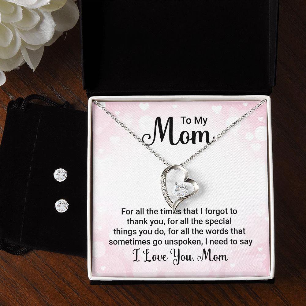 To My Mom Forever Love Heart Pendant Necklace and Earring Set