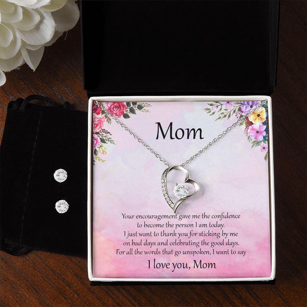 Gift for Mom Unspoken Words Forever Love Heart Pendant Necklace and Earring Set