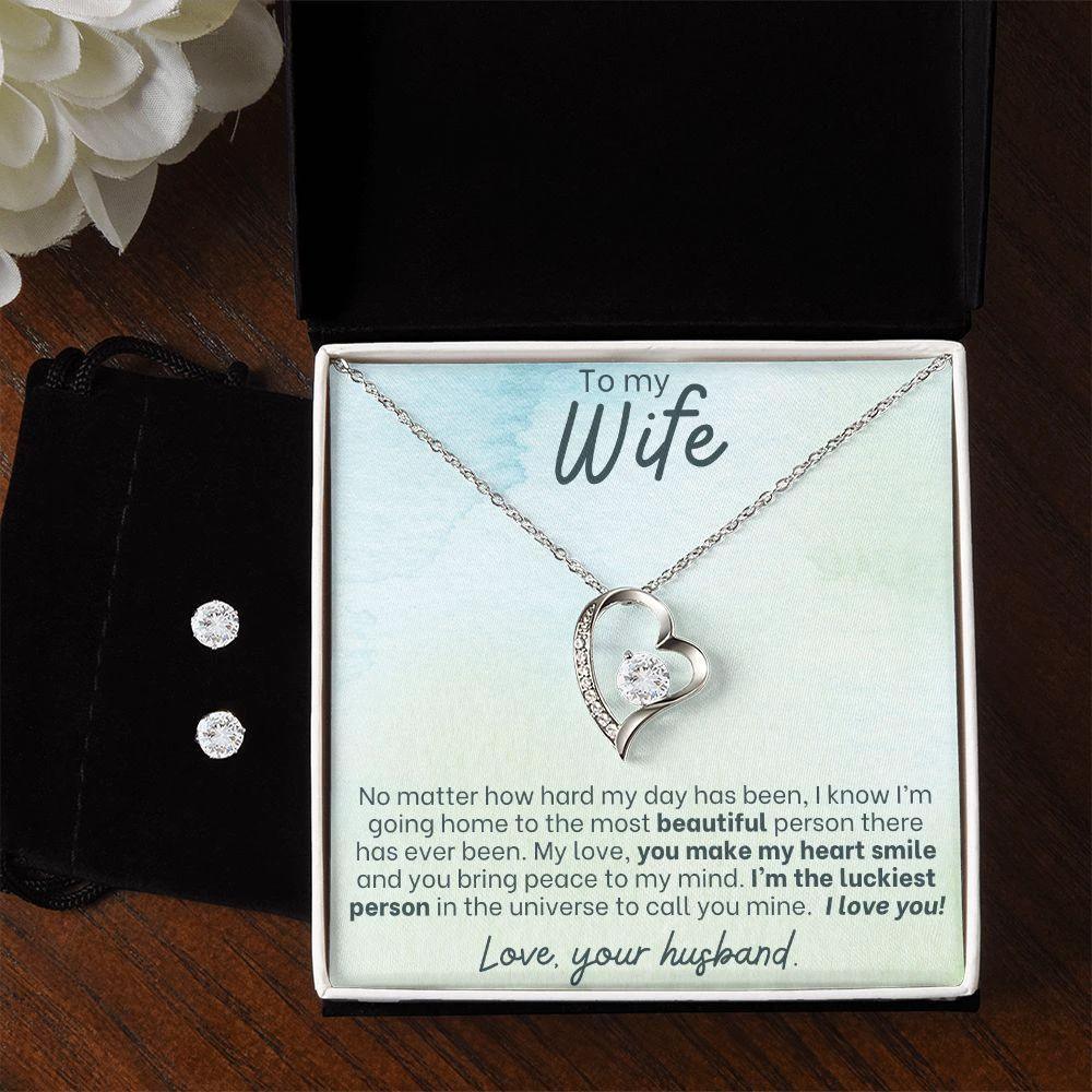 To My Wife - Make my Heart Smile - Forever Love Heart Pendant and Earring Set